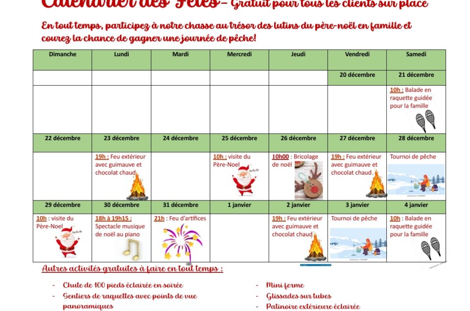 Calendrier d'activités des Fêtes